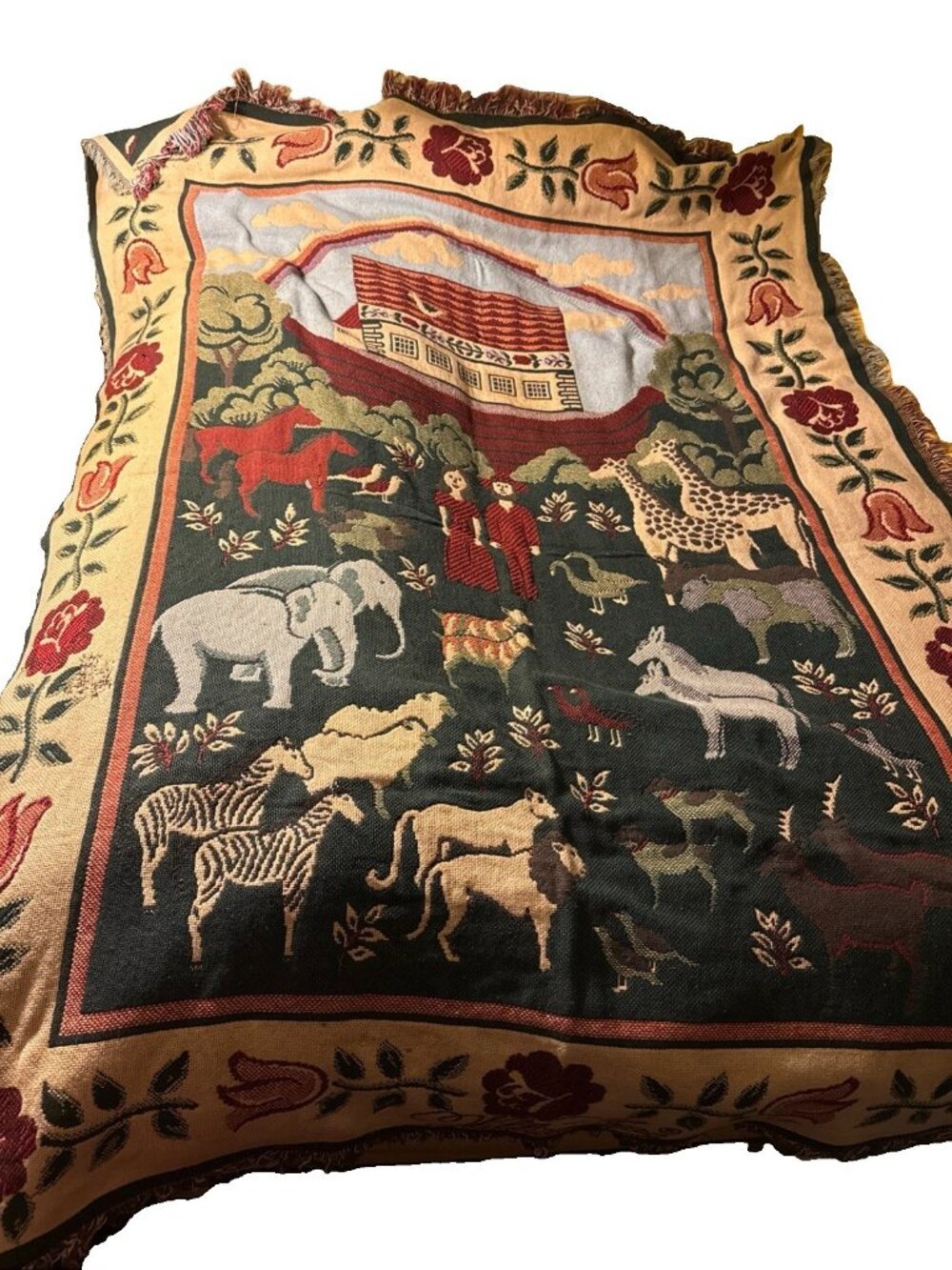 Vintage Williamsburg Goodwin Weavers Blanket Noahs Ark Tapestry 65x45” 100% Cott